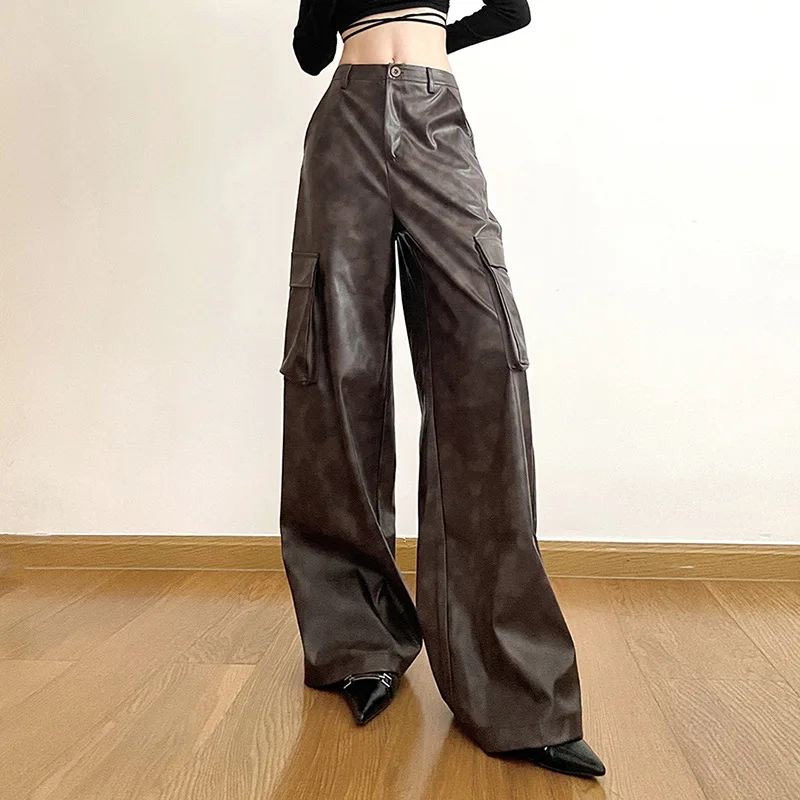 

Faux Leather Y2k Streetwear Cargo Pants Women Cyber Gothic Punk High Waist Baggy Trousers 90s Grunge Vintage Female Bottoms