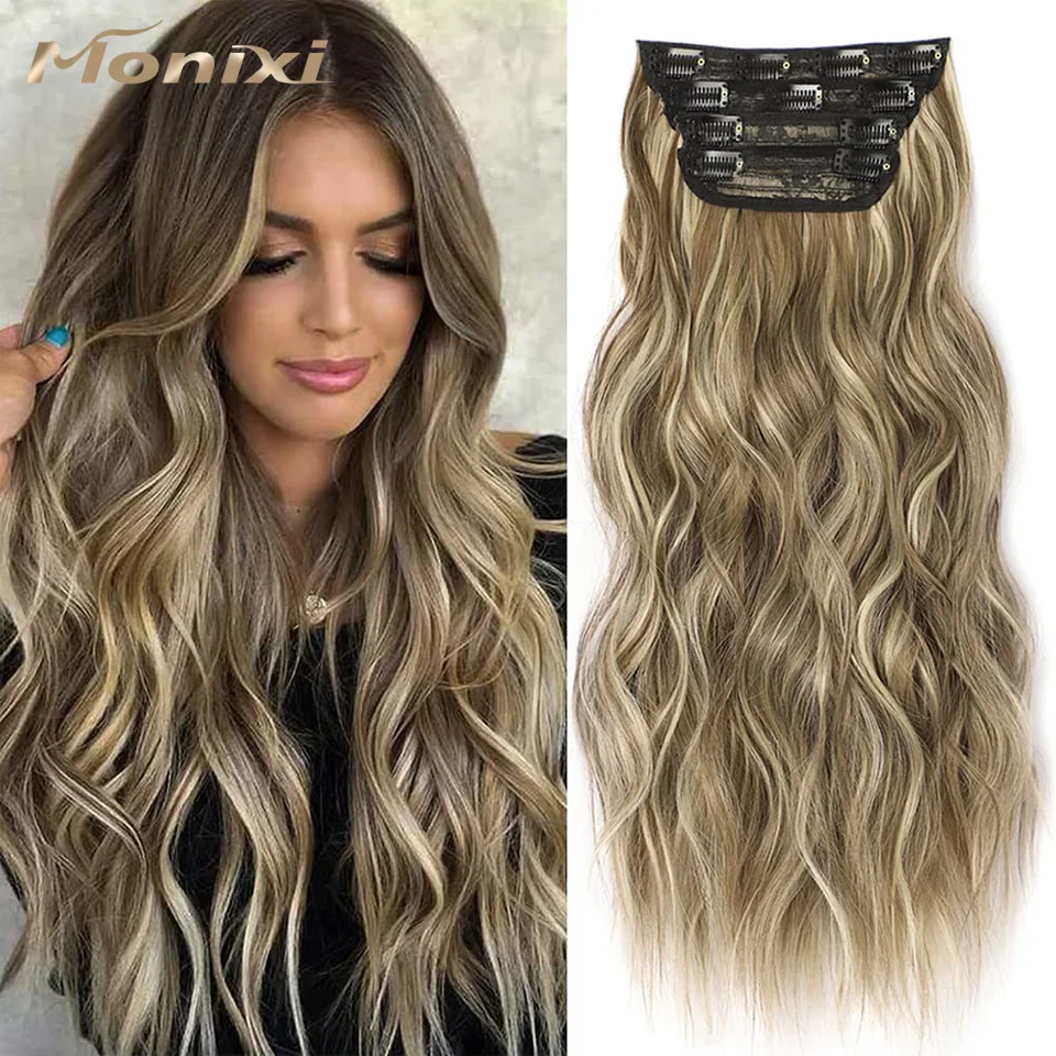 MONIXI Long Blonde Wavy 4PCS Thick Hairpieces Clip in Synthetic Hair Extensions  Natural Hair Extensions 20 Inch for Women