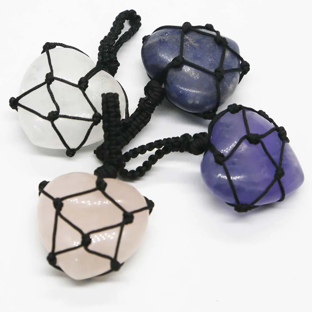 Natural Stone Crystal Agate Hand Knotting Peach Heart Necklace Pendant Charm Fashion DIY Jewelry Gift Accessories Wholesale 4Pcs