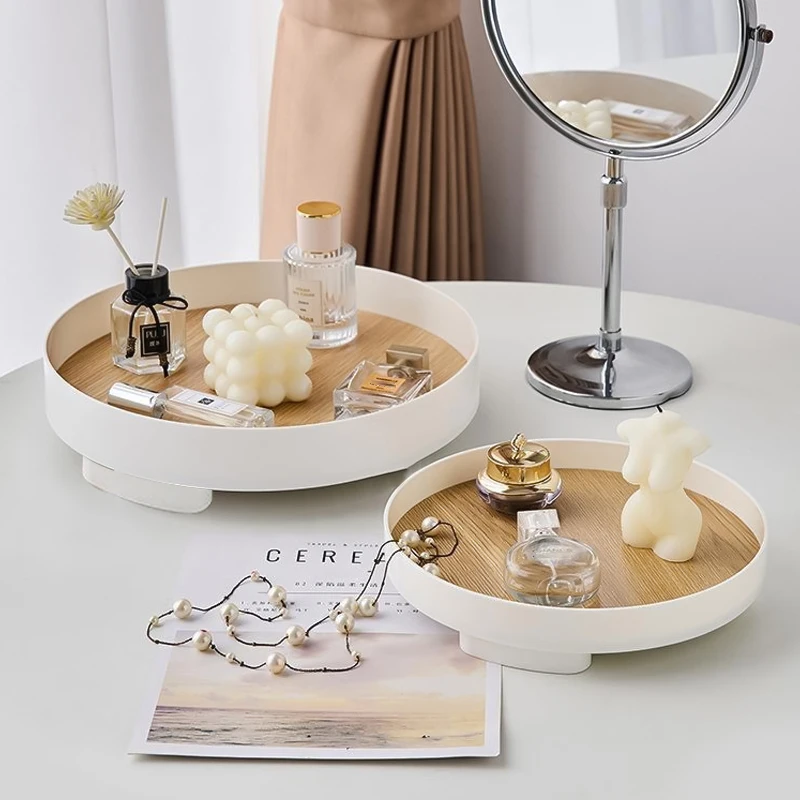 1Pc Scandinavian Wood Storage Tray Household Desktop Sundries Cosmetic Perfume Jewelry Key Plate Home Decorative Round Storage Trays