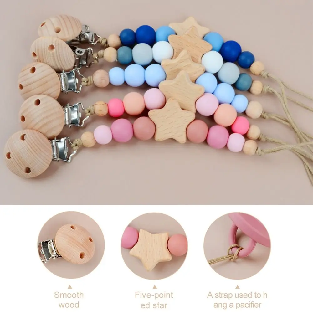 Dummy Clips Pacifier Holder Clips Star Soother Holder Baby Pacifier Chain Nipple Wood Baby Teether Toys Straps