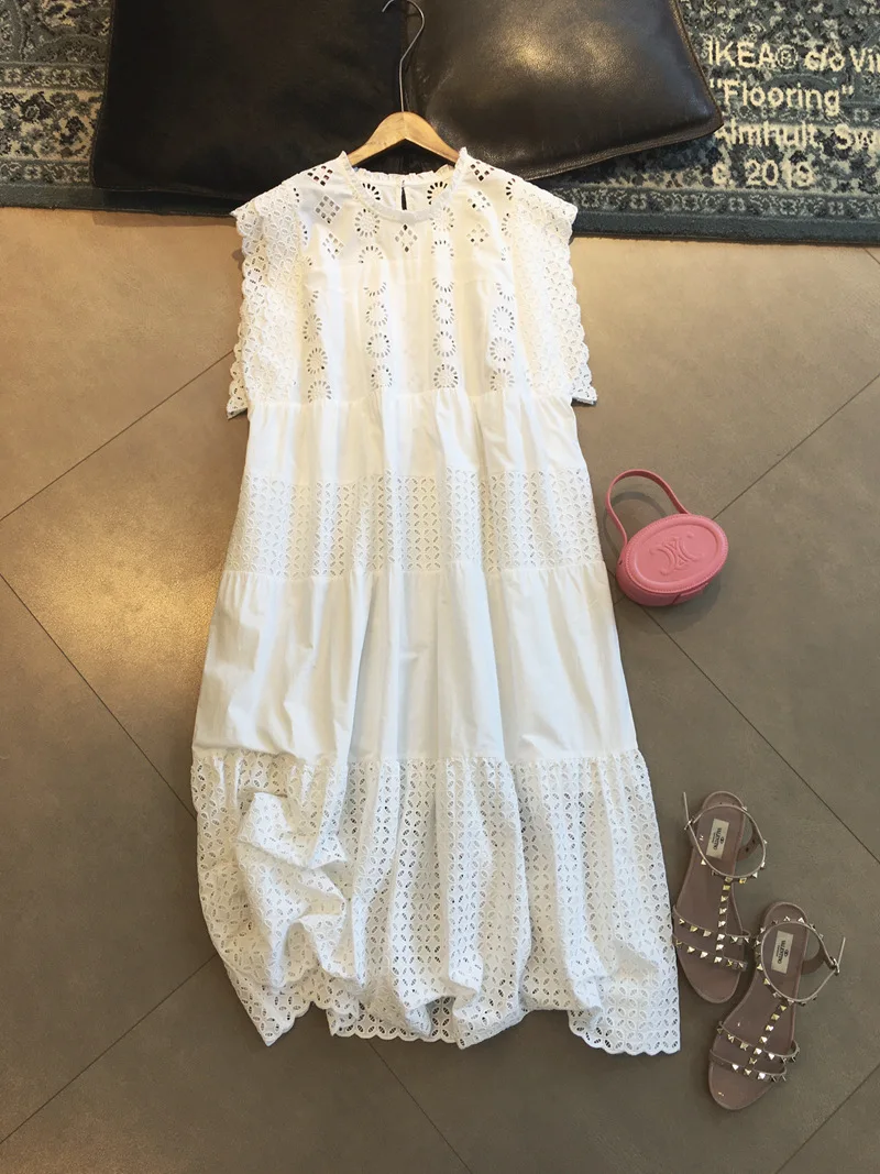 

Heavy Industry Hollow out Embroidery Romantic French Dress Women's Cotton O-Neck Sleeveless Mid length 2024 Spring/Summer New