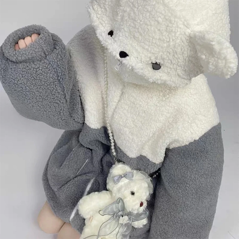 Women Faux Fur Hoodies for Jacket Bear Ears Up Colorblock Sweatshirt Co Dropship