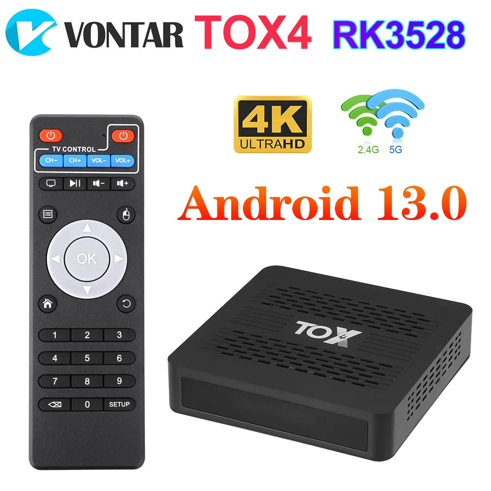 

TOX4 Android 13 Smart TV Box 4GB 32GB RK3528 Dual Wifi 1000M LAN BT5.0 Support H.265 4K 60fps DLNA Media Player Set top box