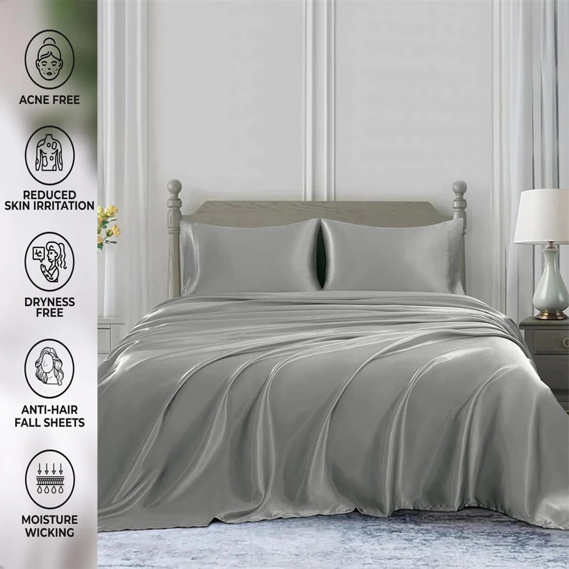 100% Mulberry Silk Bedding Set Solid Color Natural Silk Duvet Cover Set Twin King Queen Size Bed 3pcs/4pcs/5pcs Bed Sheet Set 4