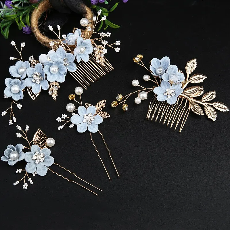 Bridal Hair Accessories European Gold Leaf Plate Handmade 4-piece Set Bride Crown Flowers Comb