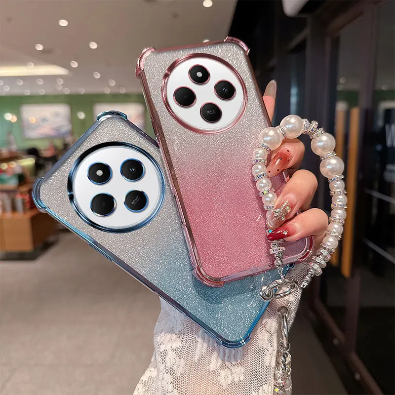 Gradient Glitter Shockproof TPU Phone Case with Luxury Pearl Chain Wrist Strap