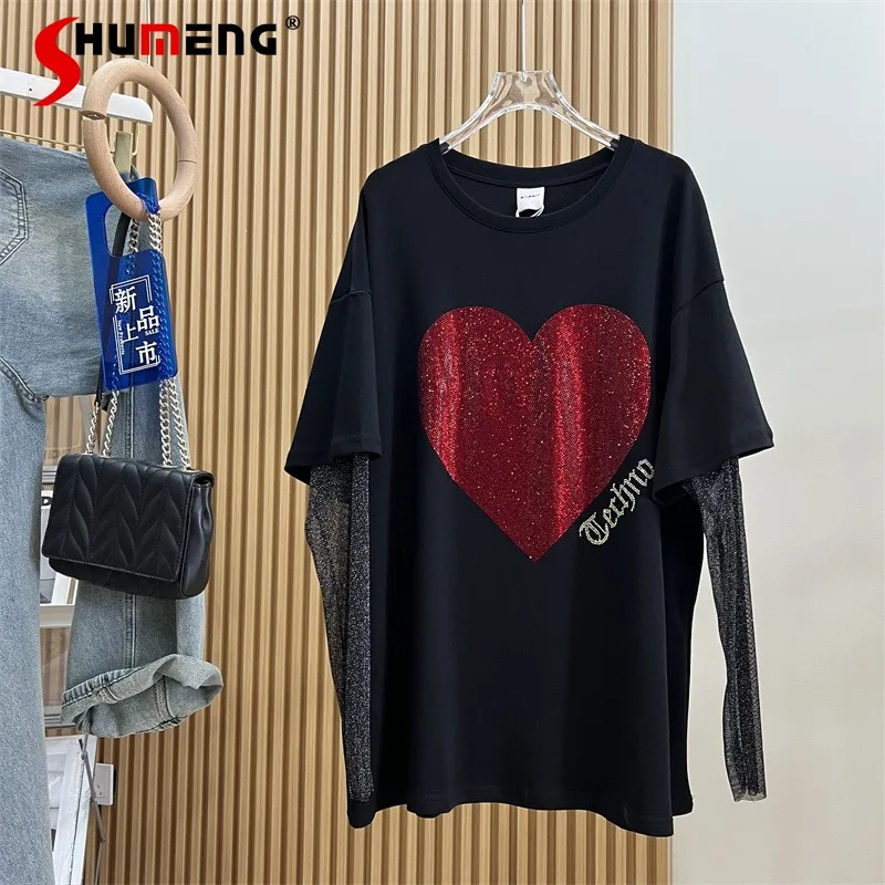 

Fashion Style Heavy Embroidery Diamond Drills Love Short Sleeve Fake Two-Piece Loose Mid-Length T-shirt Mid-Length Oversize Tees