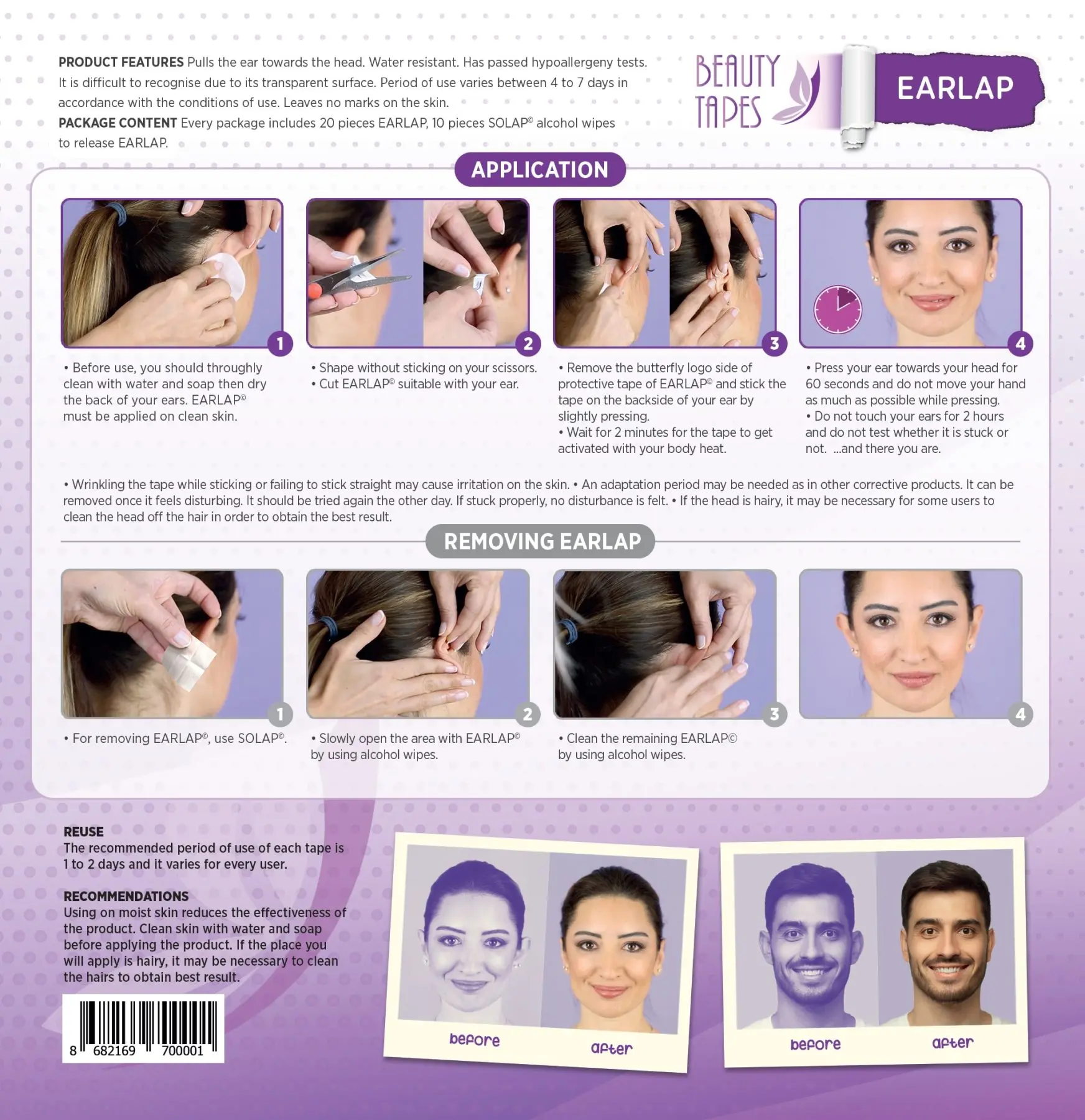 Beauty tapes EARLAP ear concealer corrective instant effect bonding system protruding ears, ear gluing tapes