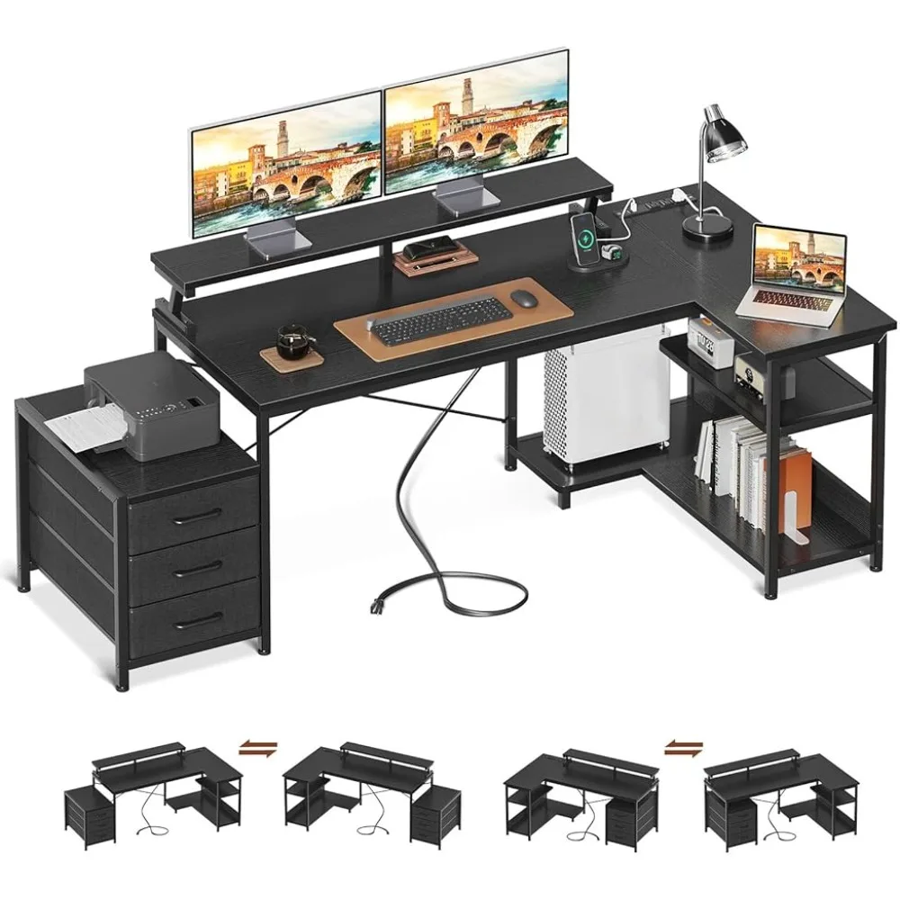 

L Shaped Computer Desk With Power Outlets & 3 Cloth Drawers Game Table Desk for Pc Study Office Gaming Furniture