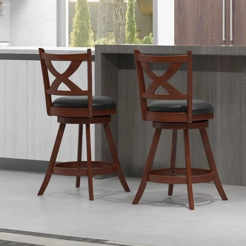Bar Stools Set of 2, 30" Bar Height Stools with Back, Solid Rubber Wood Frame, Leather Padded Seat, Vintage Upholstered Armless