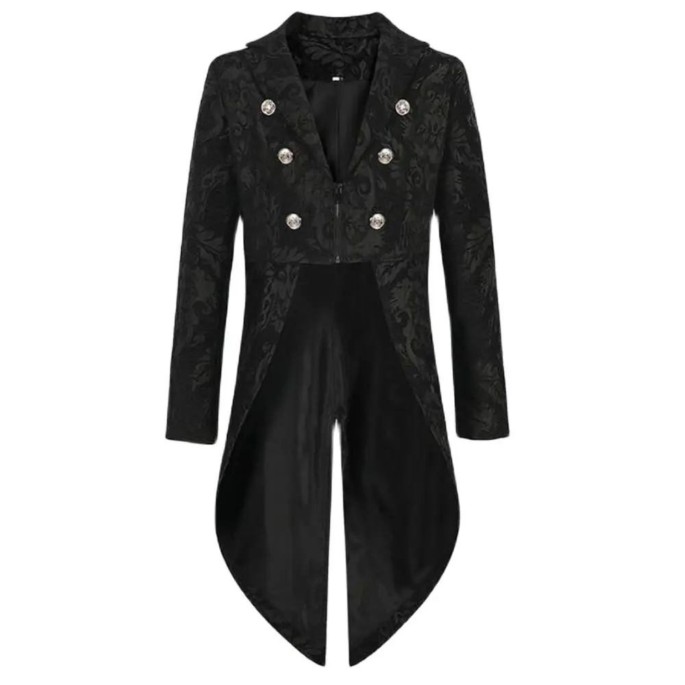 

Devil Fashion Mens Gothic Steampunk Tailcoat Jacket Black Brocade Damask Wedding Jacquard Dress Up Trench Spring Autumn