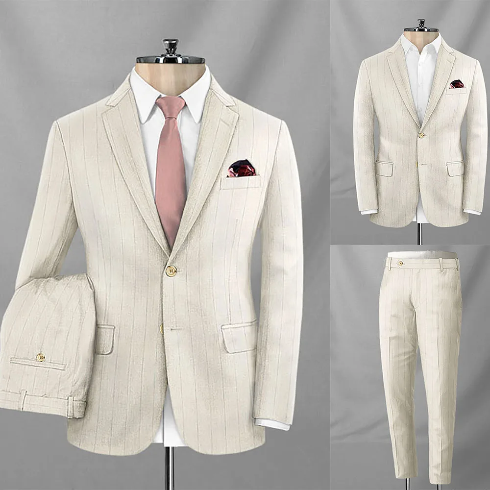 

Beige Stripe Business Men Suits Slim Fit Tailor-Made 2pcs Single Breasted Blazer Pants Wedding Formal Causal Prom Tailored