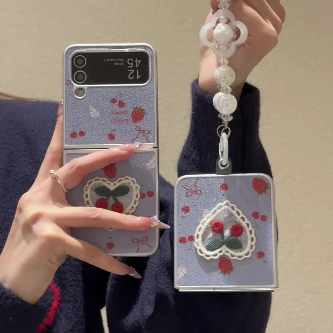 Корейский милый чехол для телефона с вишней Samsung Z Flip 6 5 4 3 цепочкой Kawaii защитные
