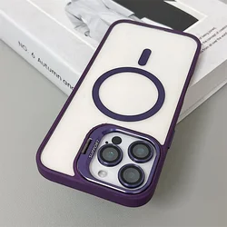 Luxury Magnetic Shockproof Phone Case with Stand and Glass Lens Protection for iPhone 14 (Deep Purple)