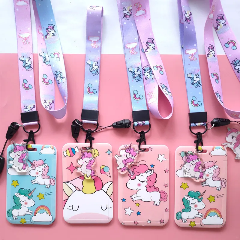 Unicorn Cartoon Pvc Card Cover Student Campus Hanging Neck Bag Card Holder Lanyard Id Card Holders Key Chain