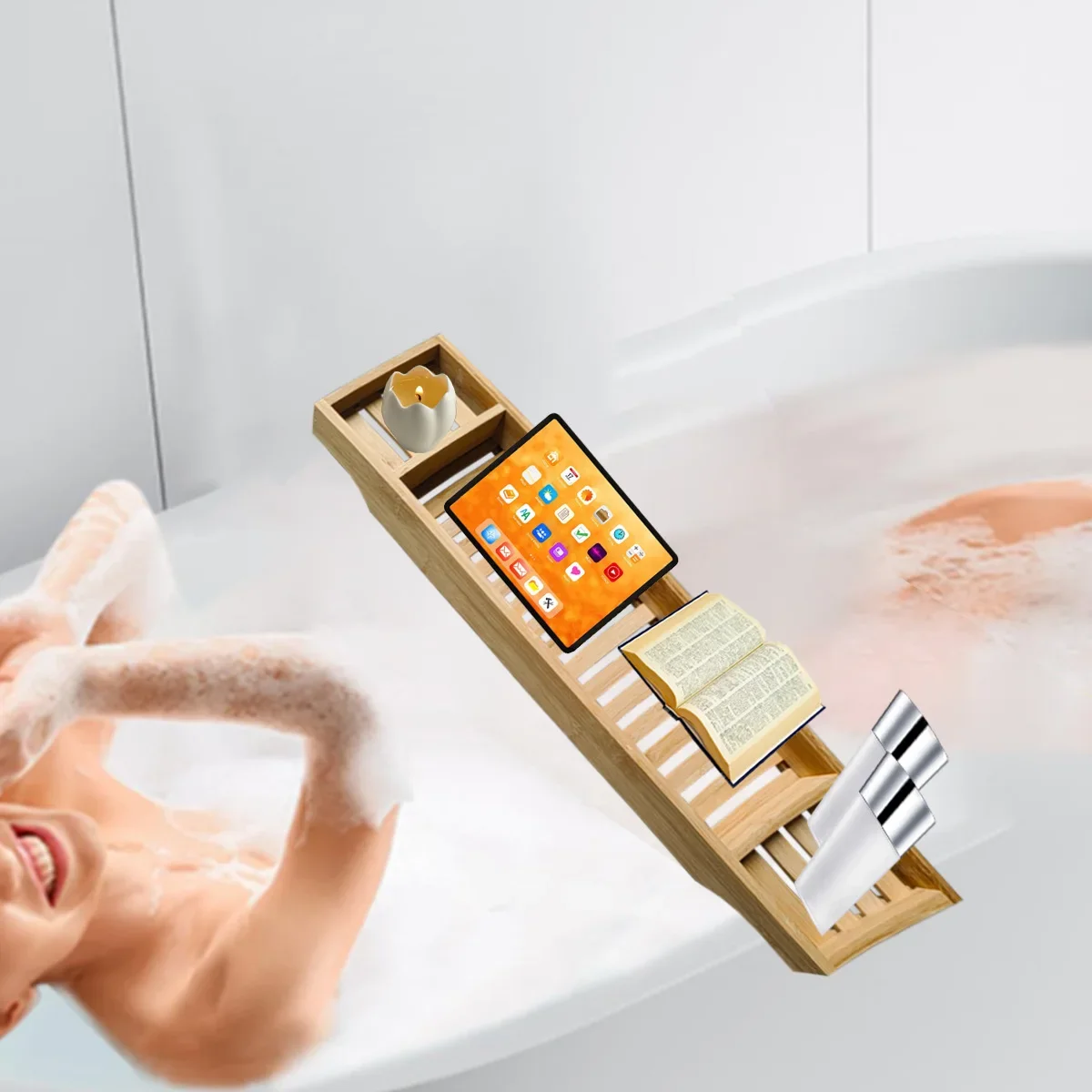 Bathtub Caddy Tray Bamboo Spa Bathtub Caddy Organizer Soap Book Tablet Towel Holder Nonslip Bottom