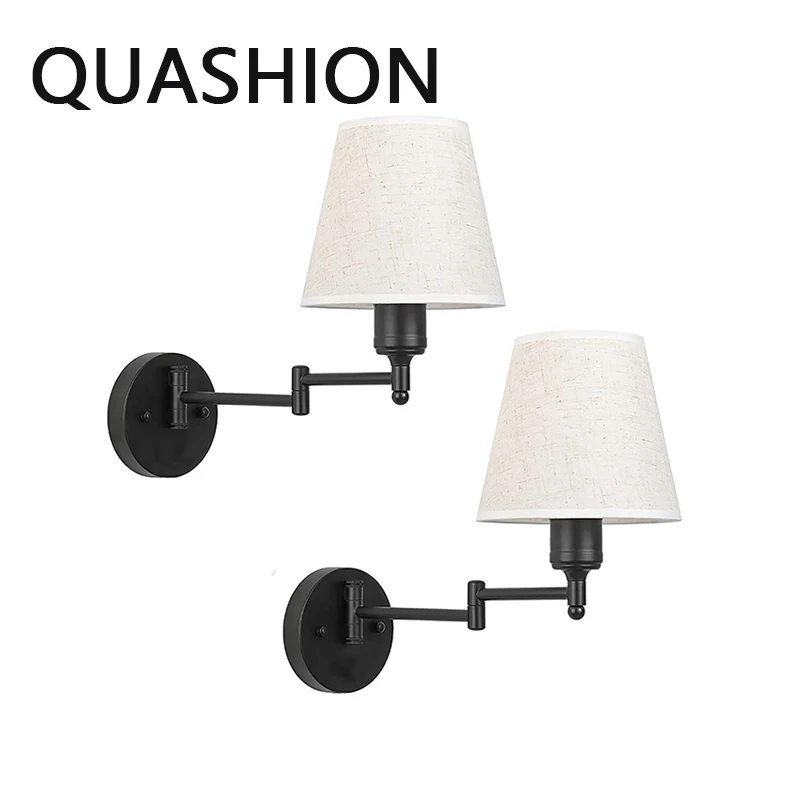 

QUASHION Modern Simple Nordic Wall Lamp Fabric Lampshade Bedroom Bedside Swing Sconce Light Home Decor Lamp With Dimmable Switch