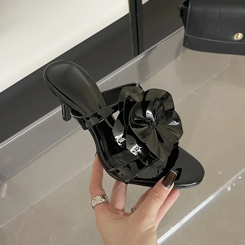 Summer Peep Toe Stiletto Denim Flower Women Slippers Thin High Heels Slip On Slides Fashion Hollow Sandals Shoes For Women Pumps