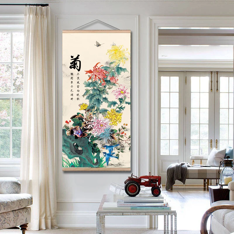 Printed Poster Nordic Canvas Wood Scroll Painting Chinese Flower Bamboo Orchid Wall Art for Gift Home Wall Hanging Room Decor 3