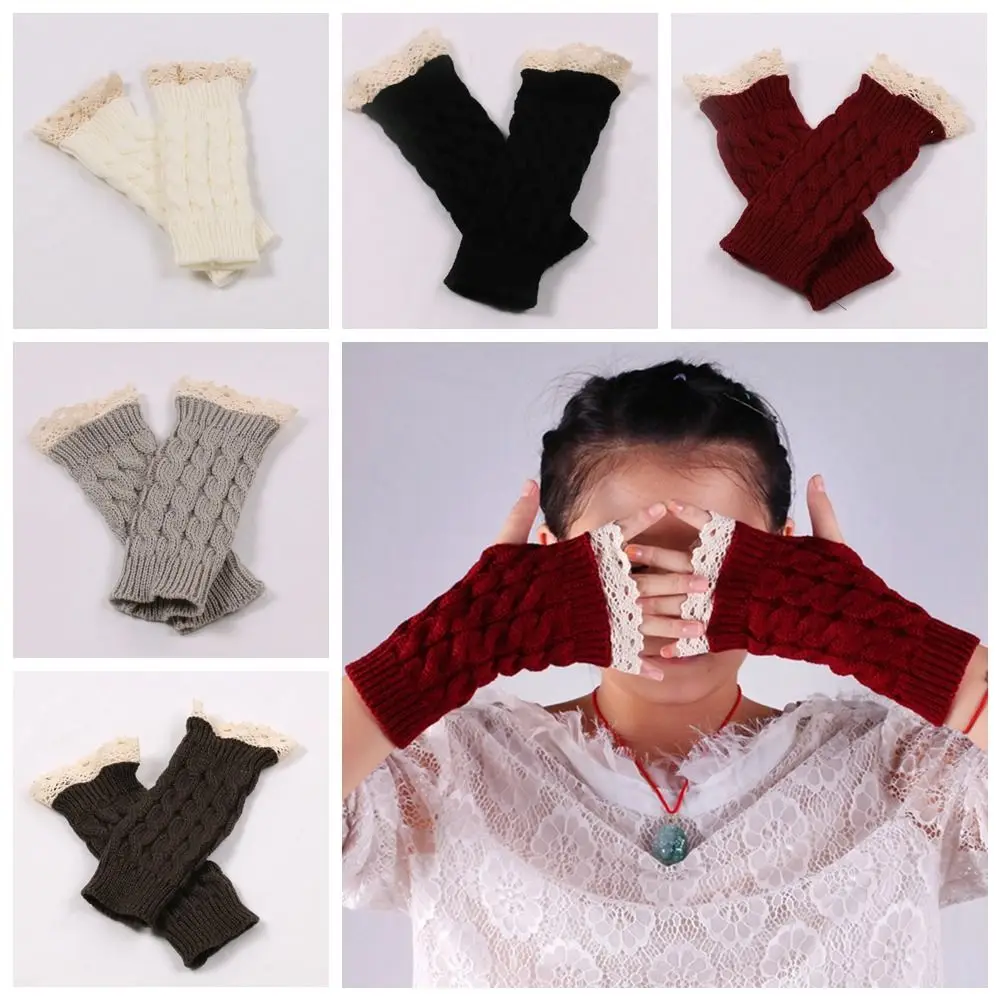 

Lace Winter Gloves Twists Gloves Touch Screen Wool Gloves Wristband Outdoor Riding Mittens Half Finger Gloves Female/Girls