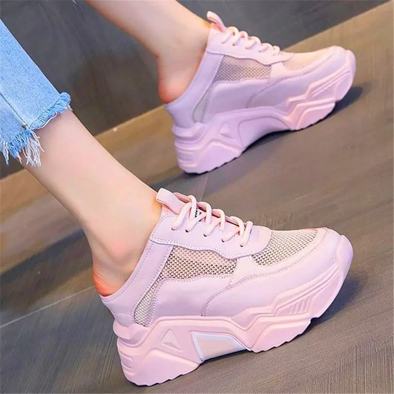 

Platform Sandals Women's Cow Leather Round Toe Fashion Sneaker Mules Summer Boots High Heel Travel Shoes Lace Up Casual Shoe