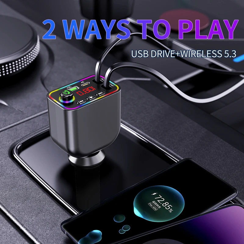 7-Colors Backlit Car MP3 Music Player Wireless Hands Free Call Car Fast Charger Retractable Cables car mp3 player For iPhone Samsung Huawei