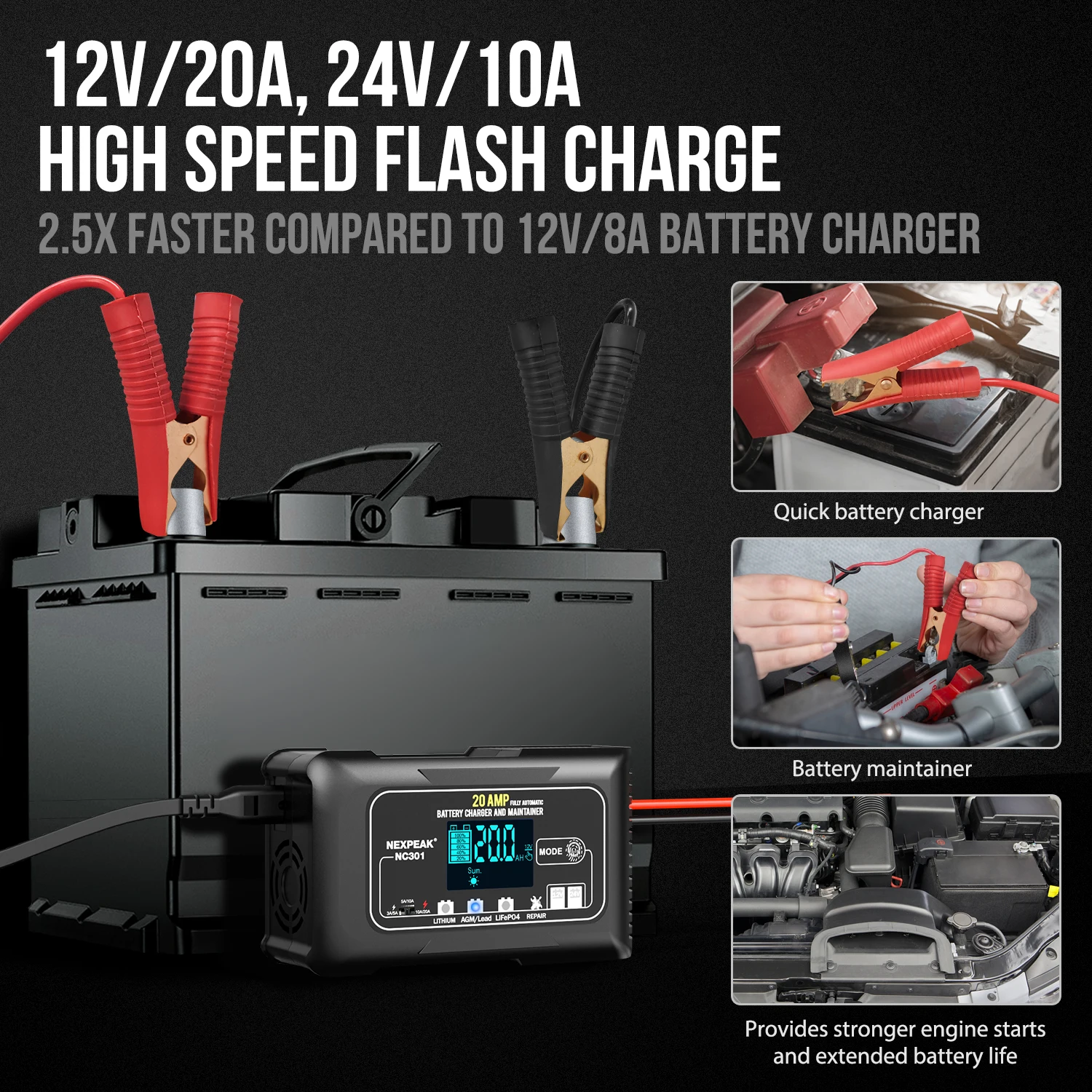 NEXPEAK NC315 15A Autobatterie Ladegerät, 12V 24V LiFePO4 Blei-Säure Tragbares Autobatterieladegerät 9-stufiges Intelligentes Batterieladegerät für Auto, LKW, Motorrad, Rasenmäher, Boot, Marine
