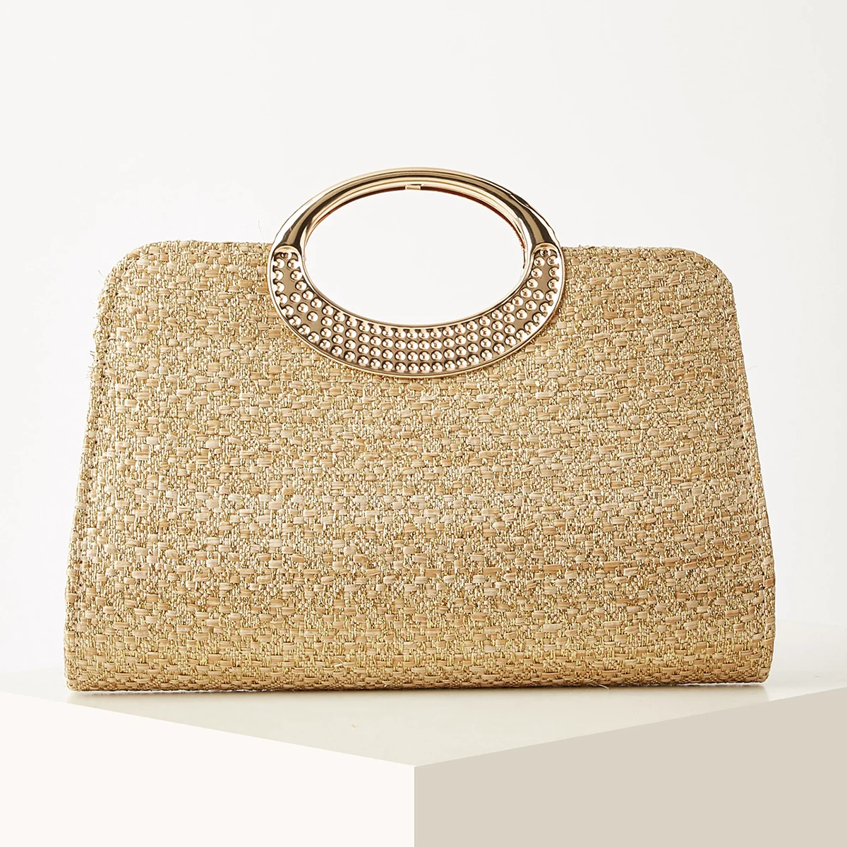 Women's Woven Handbag, Light Luxury Metal Ring, Summer Beach Essential, Vacation Season, Solid Color, Straw Bag, Versatile Party Handbag, Detachable Shoulder Strap, Light Luxury Metal Embellishments, Beach Wedding Bag 1