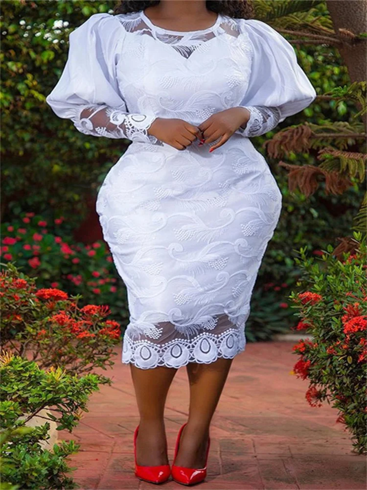 Wmstar Dresses for Women Wholesale Solid Color Elegant Mid Waist Parchwork Lace White Streetwear Elegant Party Midi Dress 2025