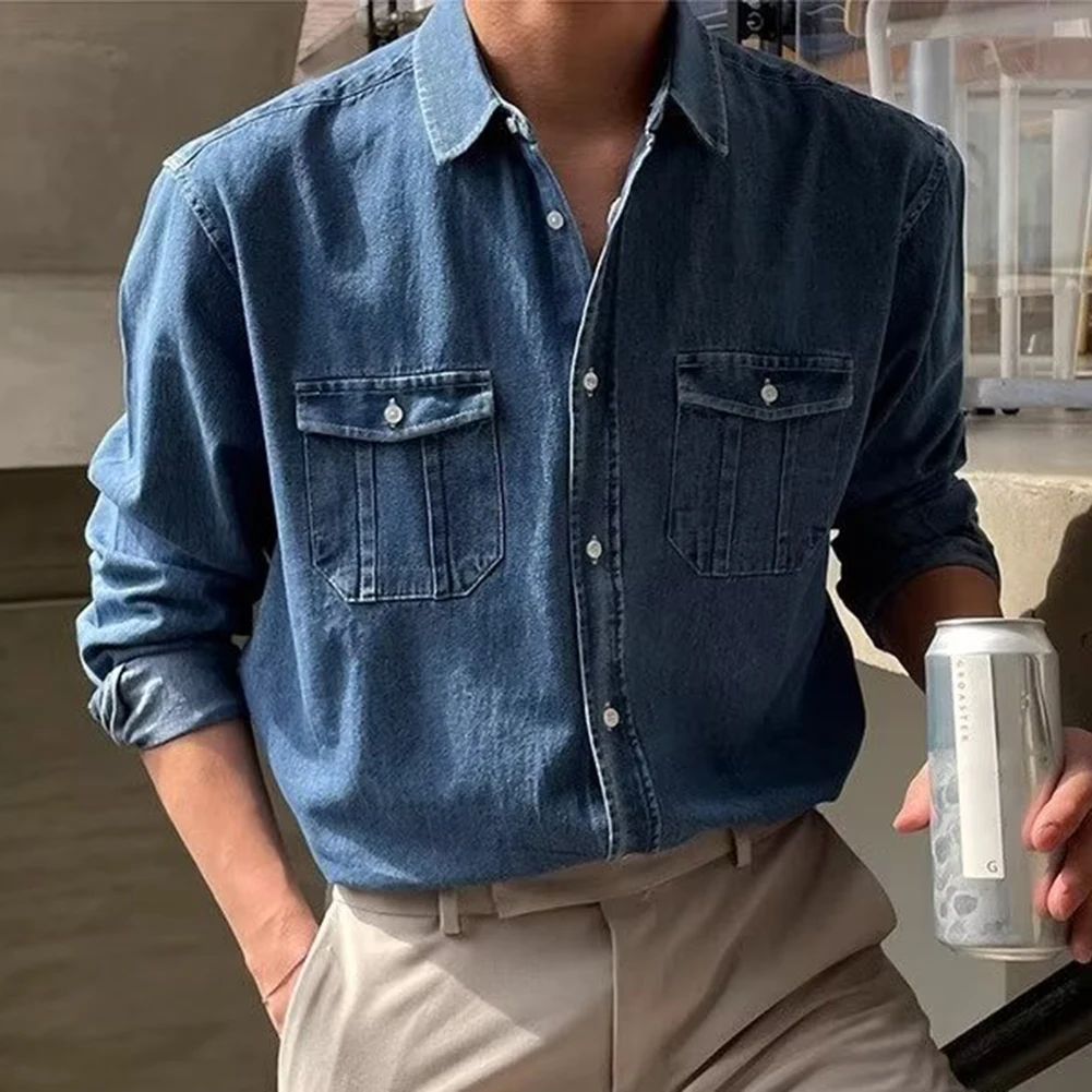 

Style All-match Shirt Shirt Brand New Button Pockets Work Fashion Jeans Korean Lapel Long Sleeve Comfy Fashion