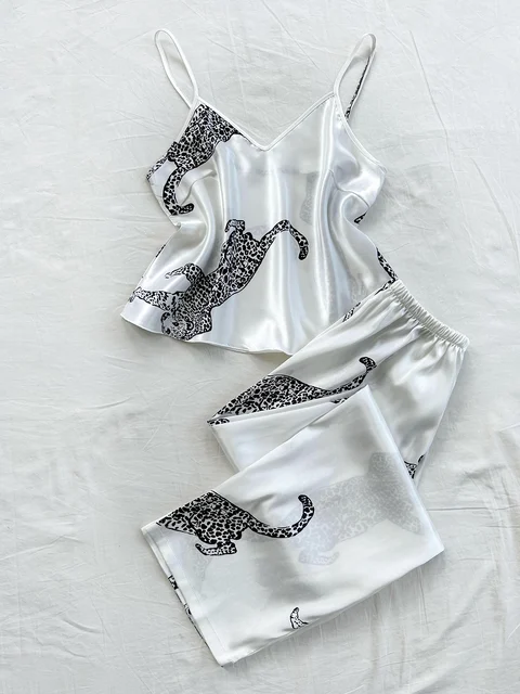Conjunto de pijama con pantalones largos y tirantes con estampado de leopardo y cuello en V, cómodo y moderno, 2 uds. 3