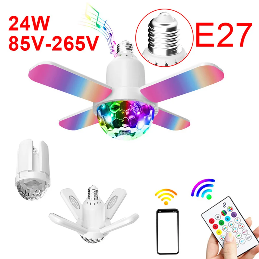 24W LED Bluetooth podświetlany głośnik lampa sufitowa kolorowe 4-liście oświetlenie do zastosowań muzycznych E27 składany projekcji gwiaździste światło z pilotem