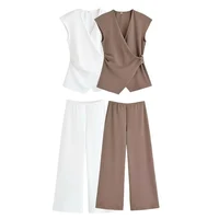 Simple Style Wide Leg Pants 2 Pieces Sets For Women Ruched Pin Vest Top Trousers Women's Suit 2025 New Casual Woman Outfits