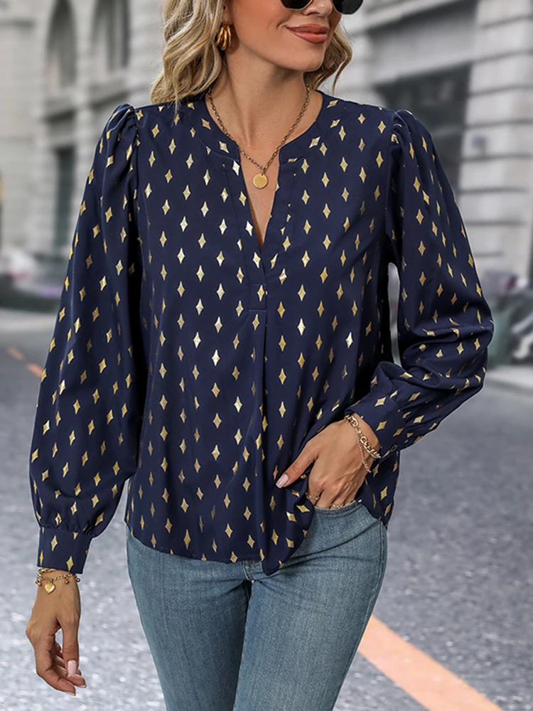 

JIM & NORA Autumn Minimalist V-neck Fashion Shirt 2023 Elegant Women's Blue Long Sleeved Casual Slim Fitting Office T-shirt