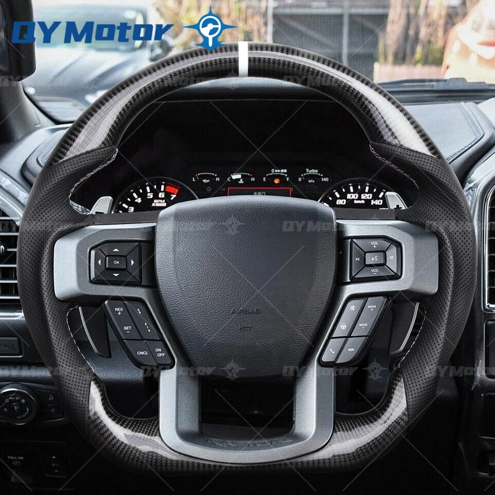 실제 탄소 섬유 스티어링 휠, 포드 F150 F-150 랩터 2015-2020 에 적합, 맞춤형 스티어링 휠, 화이트 스트라이프