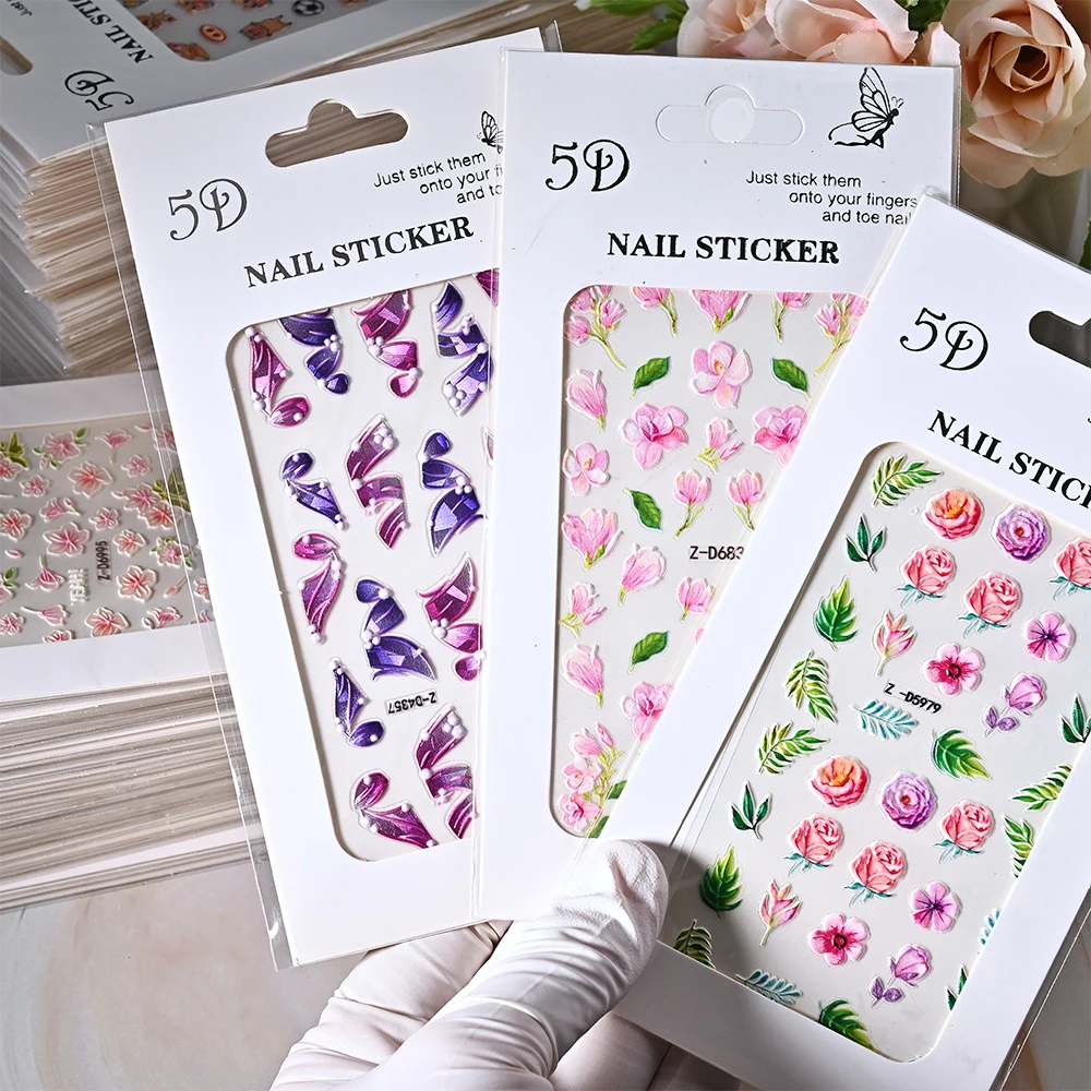 

5D Lace Engraved Nail Stickers Flower Heart Embossed Nail Art Decals Cute Bear Butterfly Sliders Self Adhesive Manicure Sticker