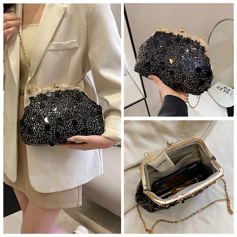 New Pearl Sequins Luxury Evening Bags for Women Metal Hasp Tote Wedding  Party Clutch Shoulder Chain Handbags Shiny Coin Purse - AliExpress