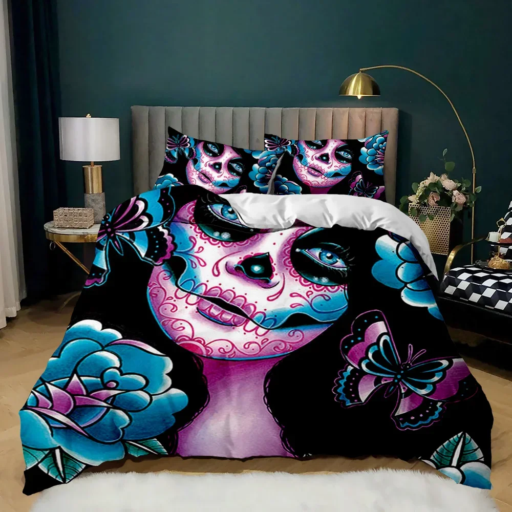Yzehomijia Set copripiumini e federe con stampa teschio 200×200 cm, biancheria da letto gotica, 1 copripiumino + 2 federe 65 x 65 cm.(K4×200