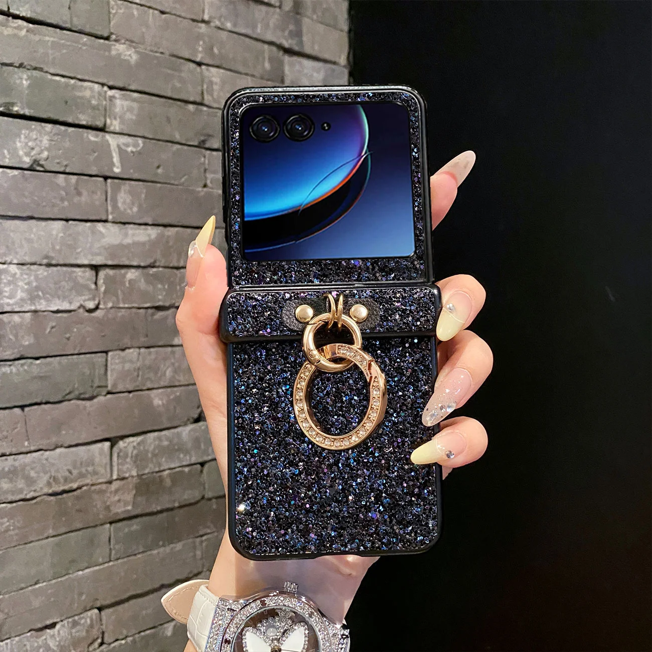 Luxurious Shiny Diamond Rhinestone Glitter Ring Buckle Case - Protective 3-Piece Back Cover