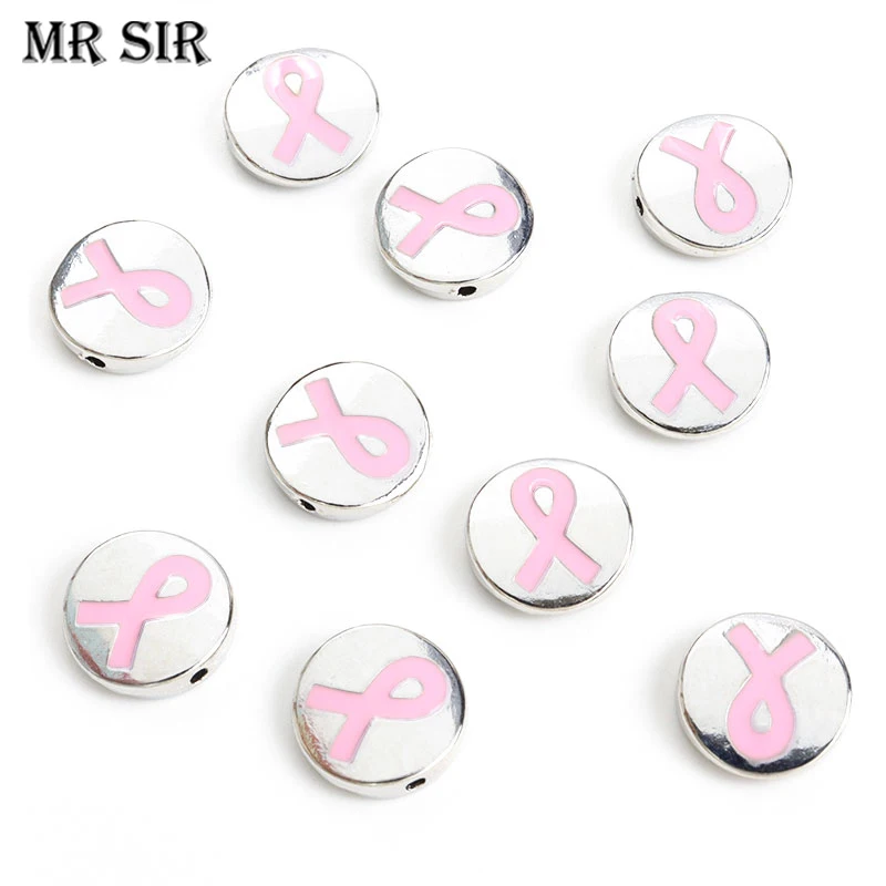 10pcsPinkRibbonBreastCancerAwarenessBeadsRoundMetalEnamel