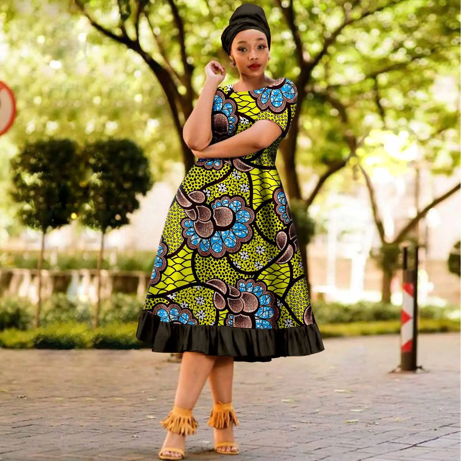 African Dresses for Women Elegant A Line Party O-neck Midi Skirt