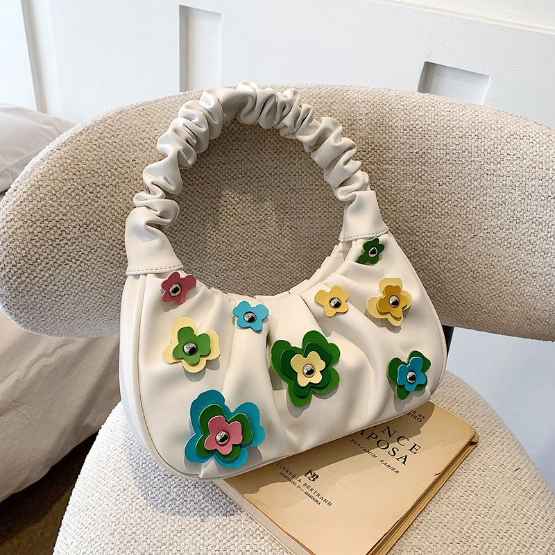 

Fashionable Flower Accessory Shoulder Bag Women Soft Leather Handbags Female Fold Underarm Package Brand Designer Woman Bag Sac