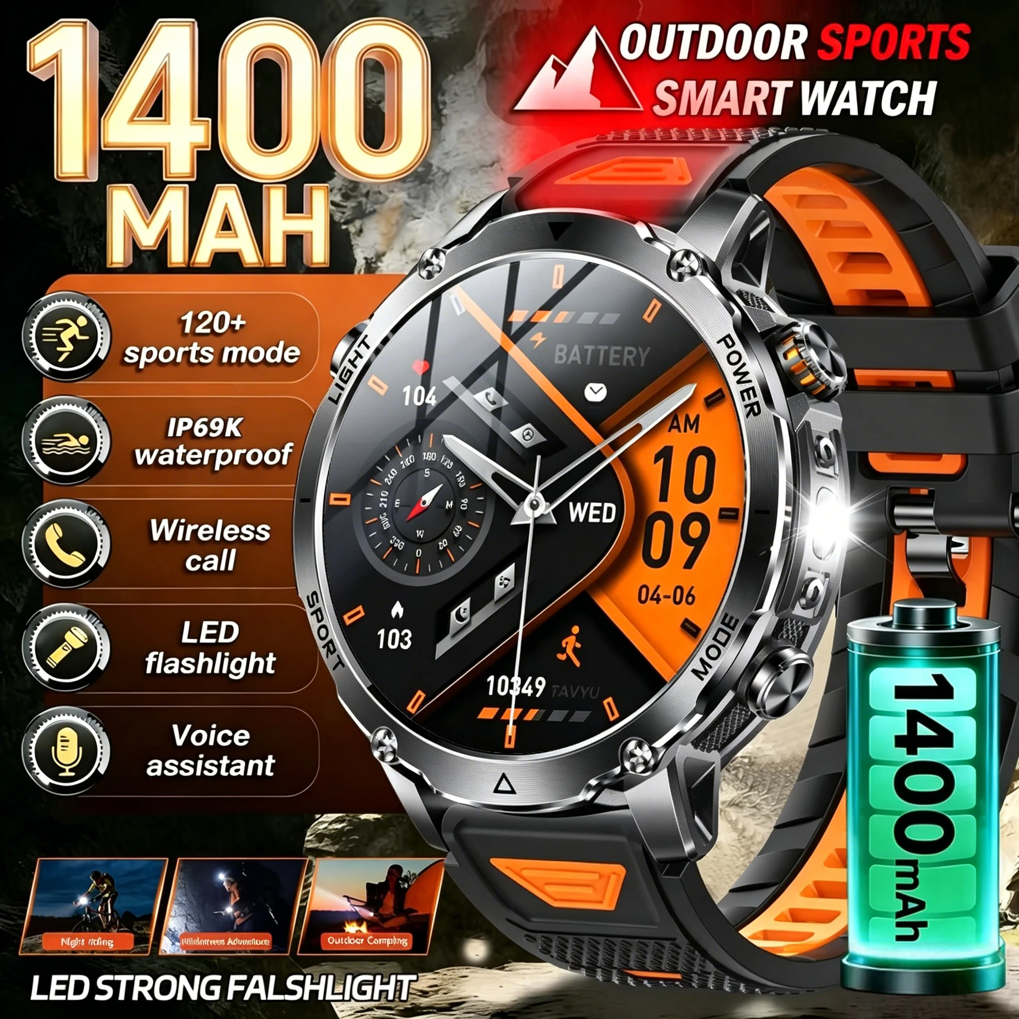 2026 New GPS1400mAh Extra-Large Battery SmartWatch Men Military Outdoor SOS Flashlight Waterproof Heart Rate Sports Smartwatch 1