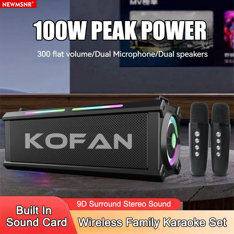 100W Subwoofer Wireless Bluetooth Speaker Built-in Sound Card Colorful Light with Dual Microphones Portable Family Party Karaoke