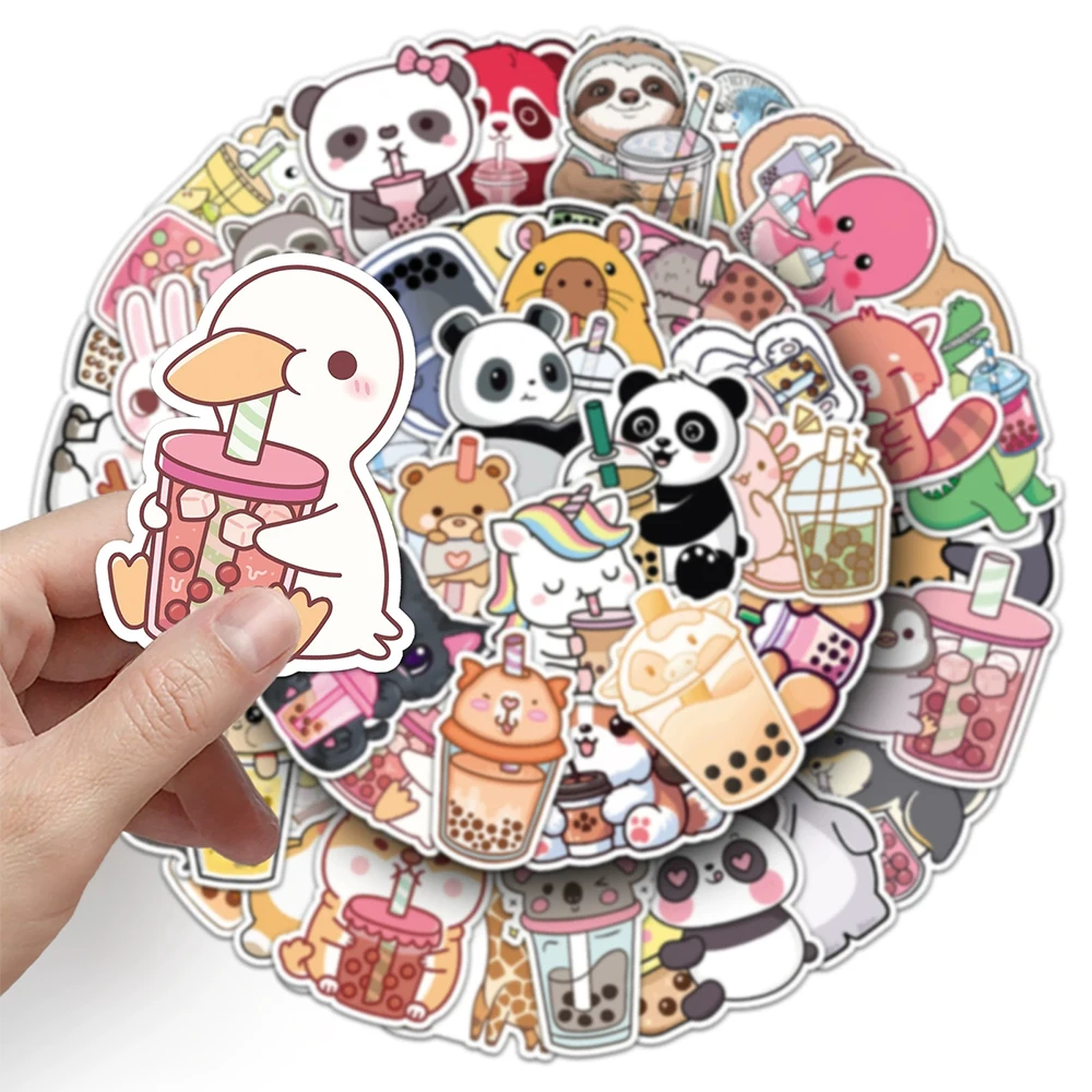 Cute Cartoon Animal Boba Tea Graffiti Stickers - Fun Decorative Decals for Suitcase, Guitar, and Laptop