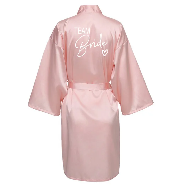 Wedding Party Team Bride Robe With Black Letters Kimono Satin Pajamas Bridesmaid Bathrobe SP003 Pink3