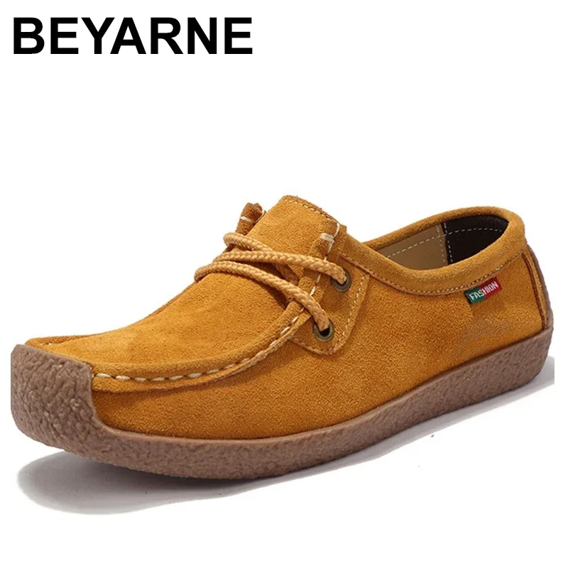 BEYARNE Brand Women Genuine Leather Flat Shoes Lace up Sneakers Autumn Oxford Shoes Female Loafers Casual Suede Flats Stitching women shoes