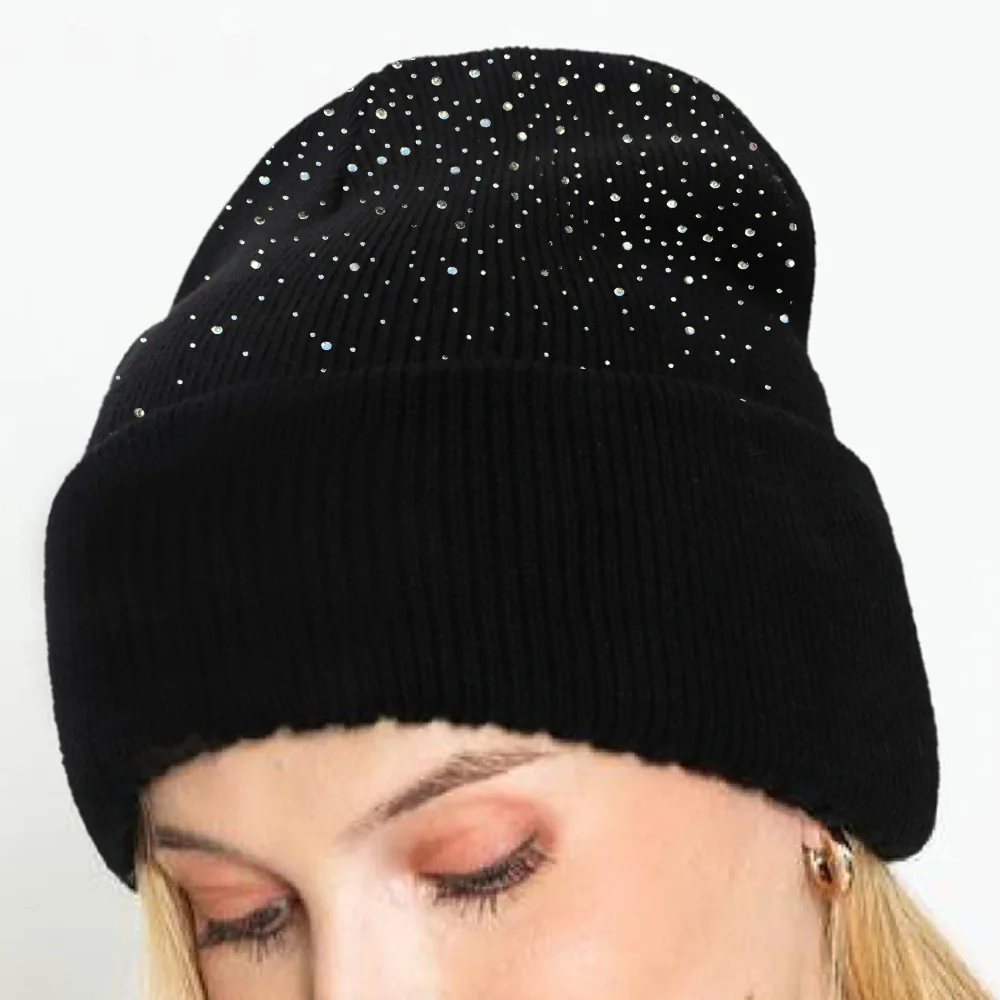 Thicken Women Knit Beanies With Rhinestone Slouchy Beanie Hats Winter Knit Caps Breathable Soft Ski Hat Cuffed Skull 2