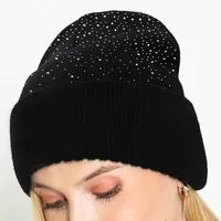 Thicken Women Knit Beanies With Rhinestone Slouchy Beanie Hats Winter Knit Caps Breathable Soft Ski Hat Cuffed Skull 2